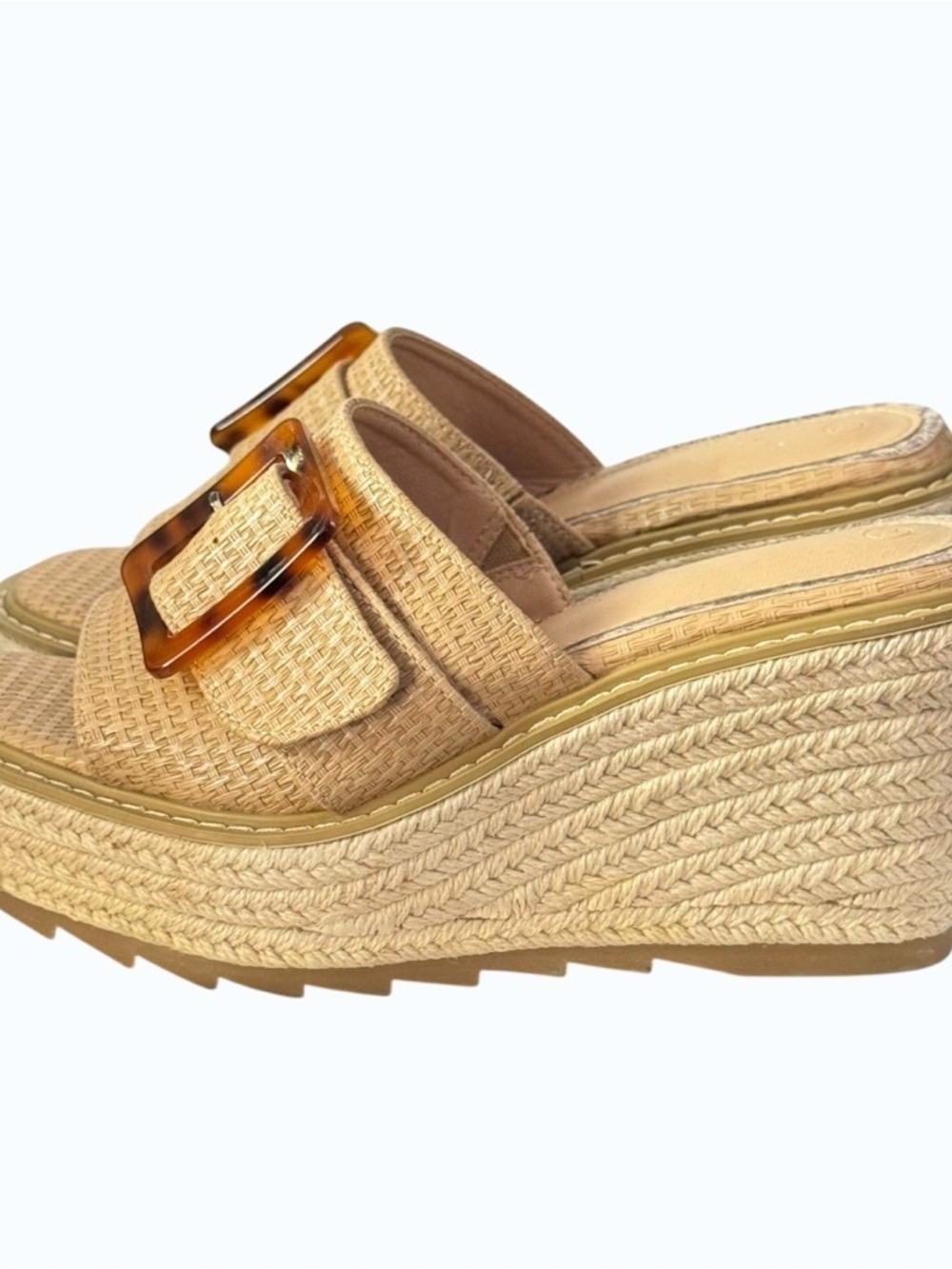 Chunky Wedge Raffia Espadrille Platform Slide Sandals With Tortoiseshell Buckle